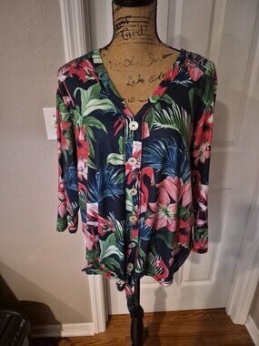 Onque Casual Floral and Pink Flamingo Print Top size 1X